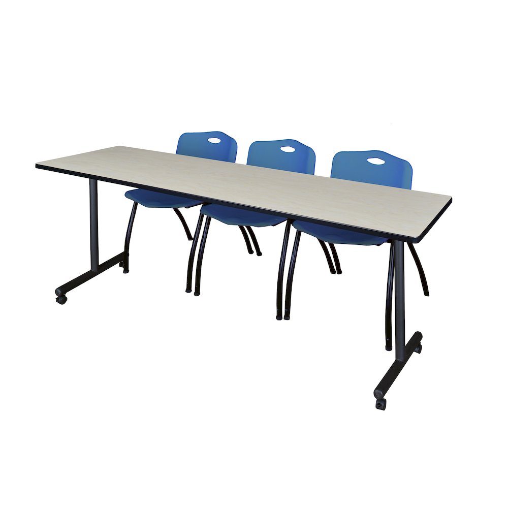 84 x 24 in. Mobile T-Base Training Table- Maple, 2 M Stack Chairs- Blue. Picture 1