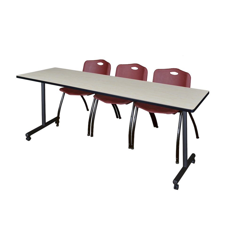 84 x 24 in. Mobile T-Base Training Table- Maple, 2 M Stack Chairs- Burgundy. Picture 1