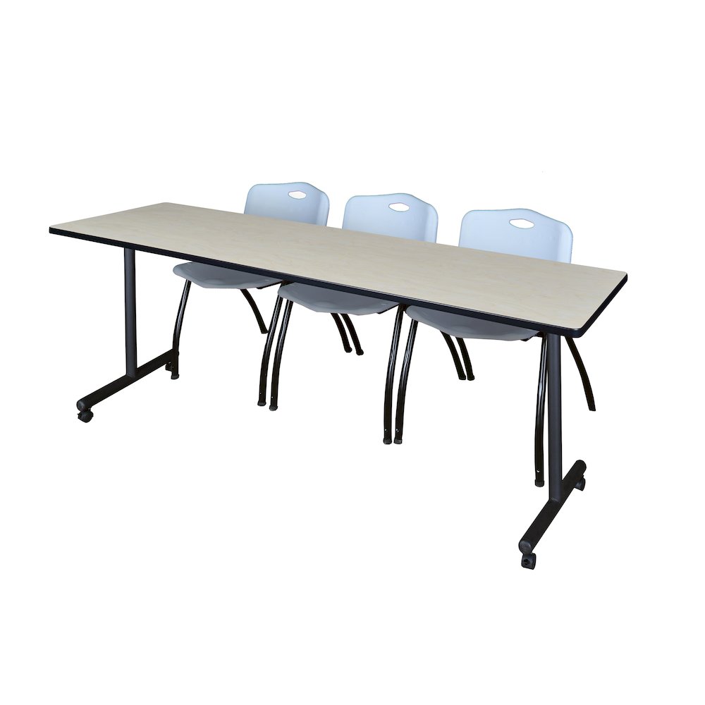 84 x 24 in. Mobile T-Base Training Table- Maple, 2 M Stack Chairs- Grey. Picture 1