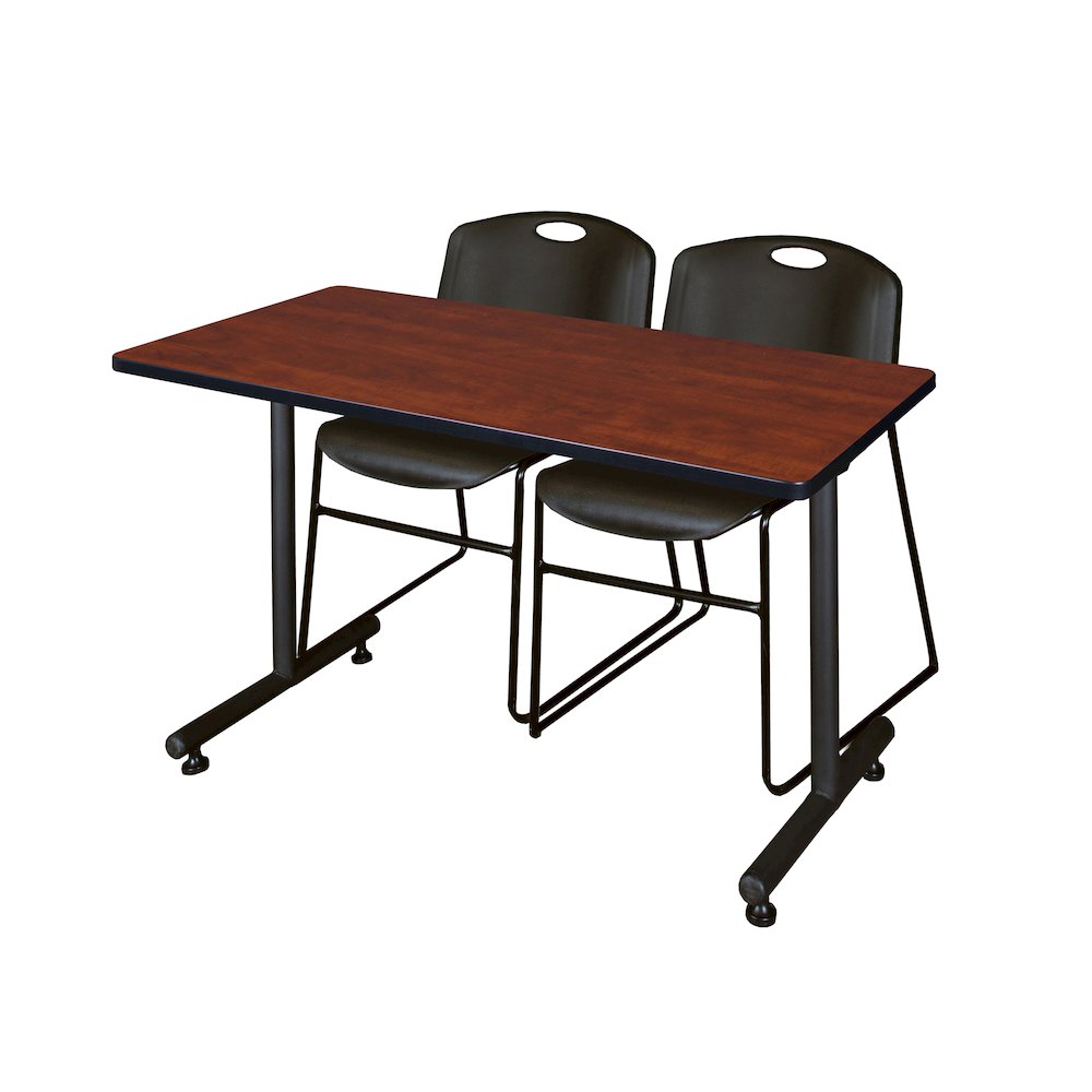 48 x 24 in. T-Base Training Seminar Table- Cherry, 2 Zeng Stack Chairs- Black. Picture 1