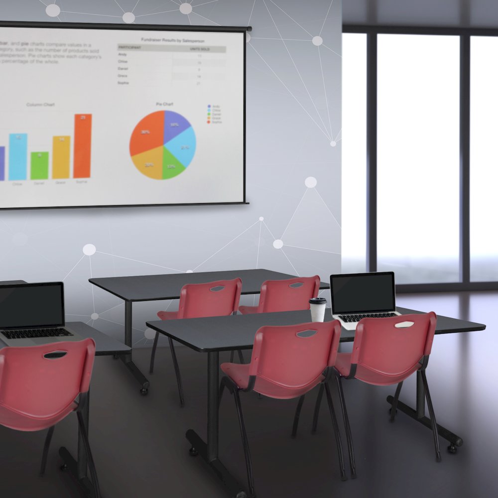 48 x 24 in. T-Base Training Seminar Table- Grey, 2 M Stack Chairs- Burgundy. Picture 8