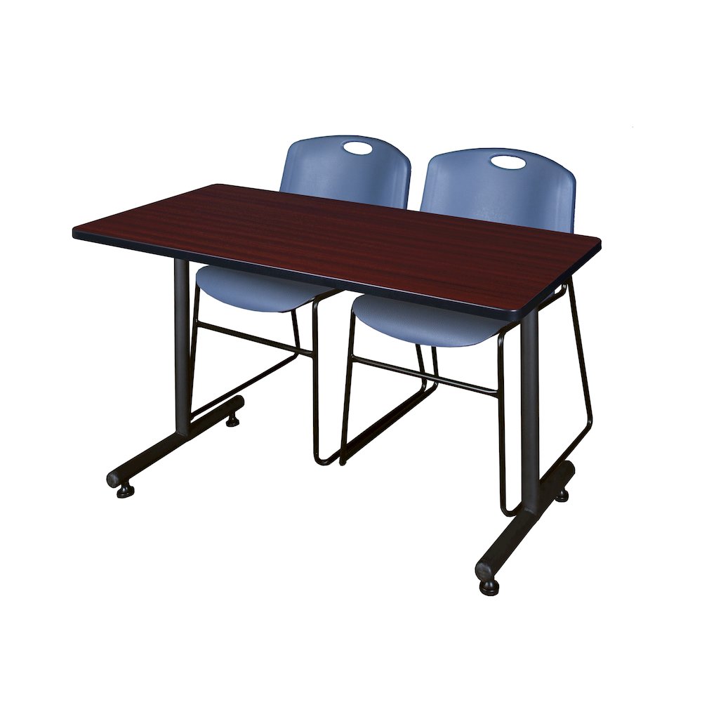 48 x 24 in. T-Base Training Seminar Table- Mahogany, 2 Zeng Stack Chairs- Blue. Picture 1