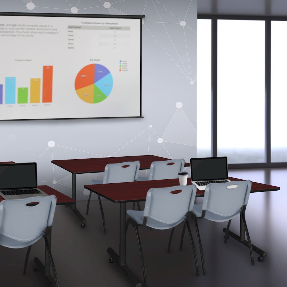 48 x 24 in. T-Base Training Seminar Table- Mahogany, 2 M Stack Chairs- Grey. Picture 8