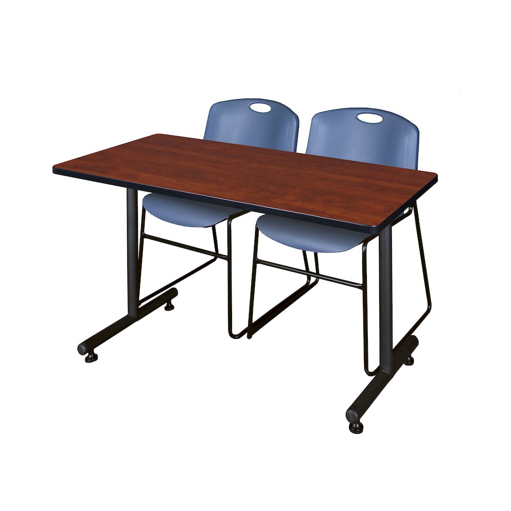 48 x 30 in. T-Base Training Seminar Table- Cherry, 2 Zeng Stack Chairs- Blue. Picture 1