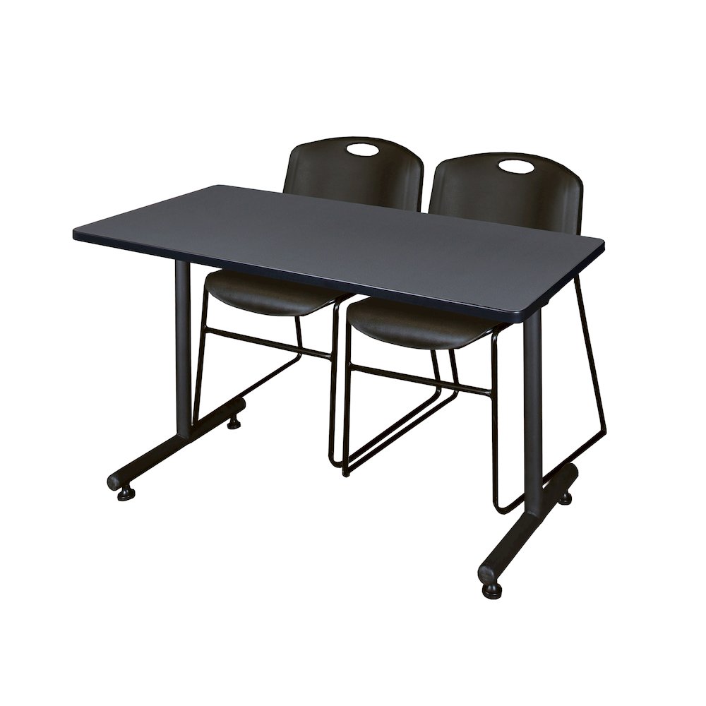 48 x 30 in. T-Base Training Seminar Table- Grey, 2 Zeng Stack Chairs- Black. Picture 1