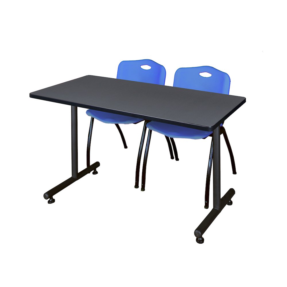48 x 30 in. T-Base Training Seminar Table- Grey, 2 M Stack Chairs- Blue. Picture 1