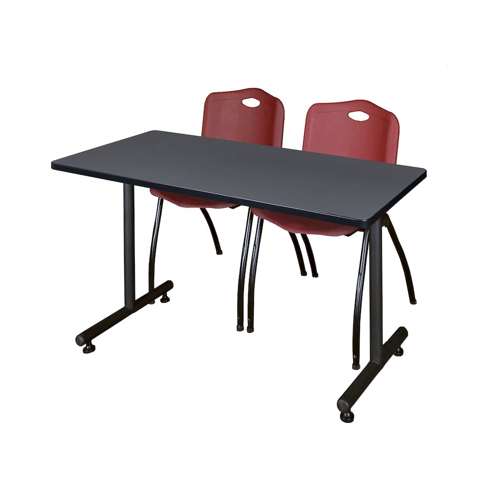 48 x 30 in. T-Base Training Seminar Table- Grey, 2 M Stack Chairs- Burgundy. Picture 1