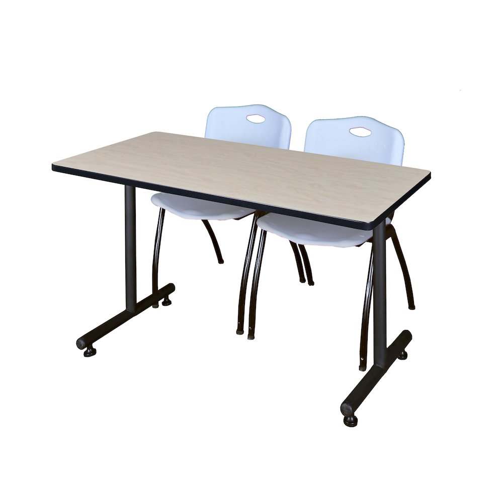 48 x 30 in. T-Base Training Seminar Table- Maple, 2 M Stack Chairs- Grey. Picture 1