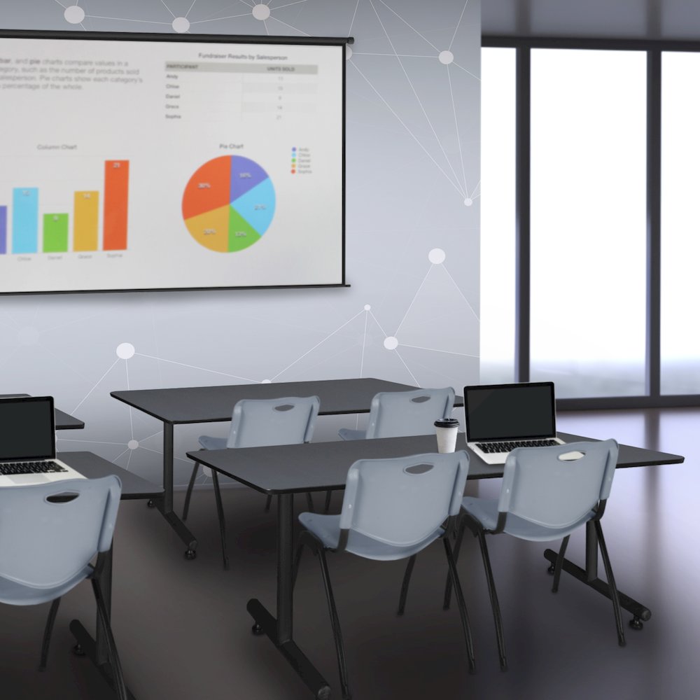 60 x 24 in. T-Base Training Seminar Table- Grey, 2 M Stack Chairs- Grey. Picture 8