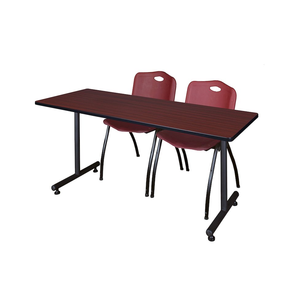 60 x 24 in. T-Base Training Seminar Table- Mahogany, 2 M Stack Chairs- Burgundy. Picture 1