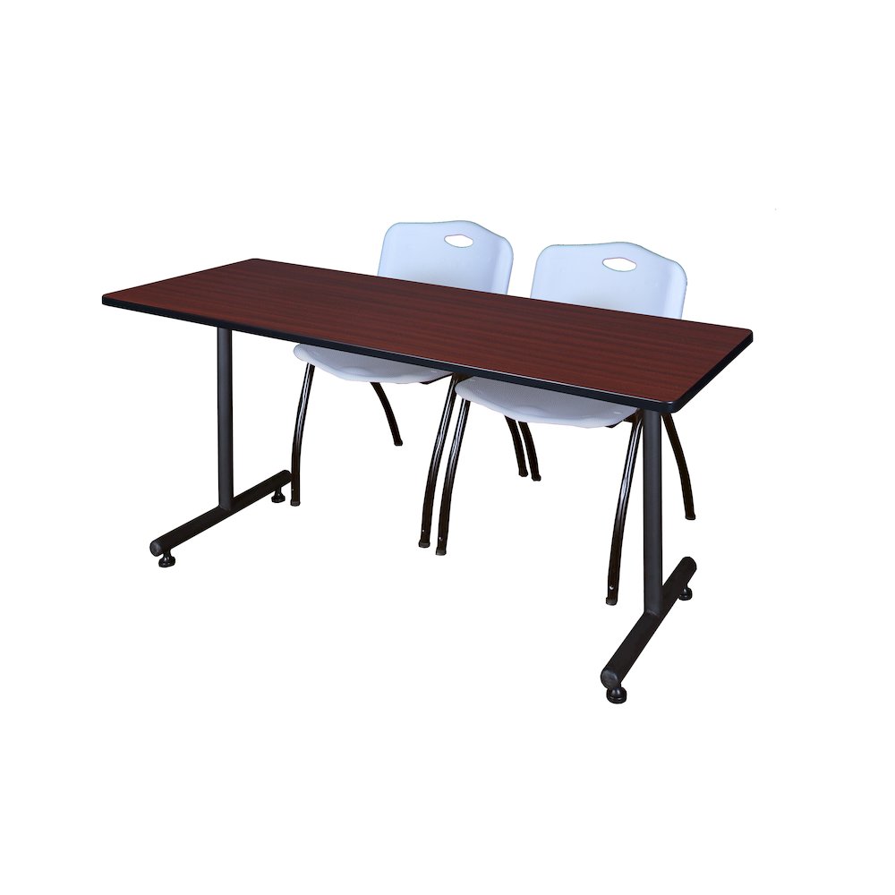 60 x 24 in. T-Base Training Seminar Table- Mahogany, 2 M Stack Chairs- Grey. Picture 1