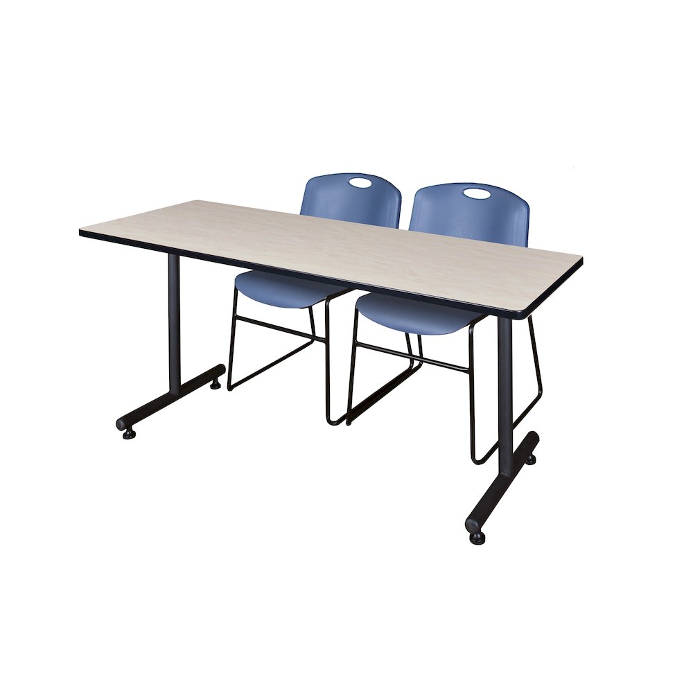 60 x 24 in. T-Base Training Seminar Table- Maple, 2 Zeng Stack Chairs- Blue. Picture 1