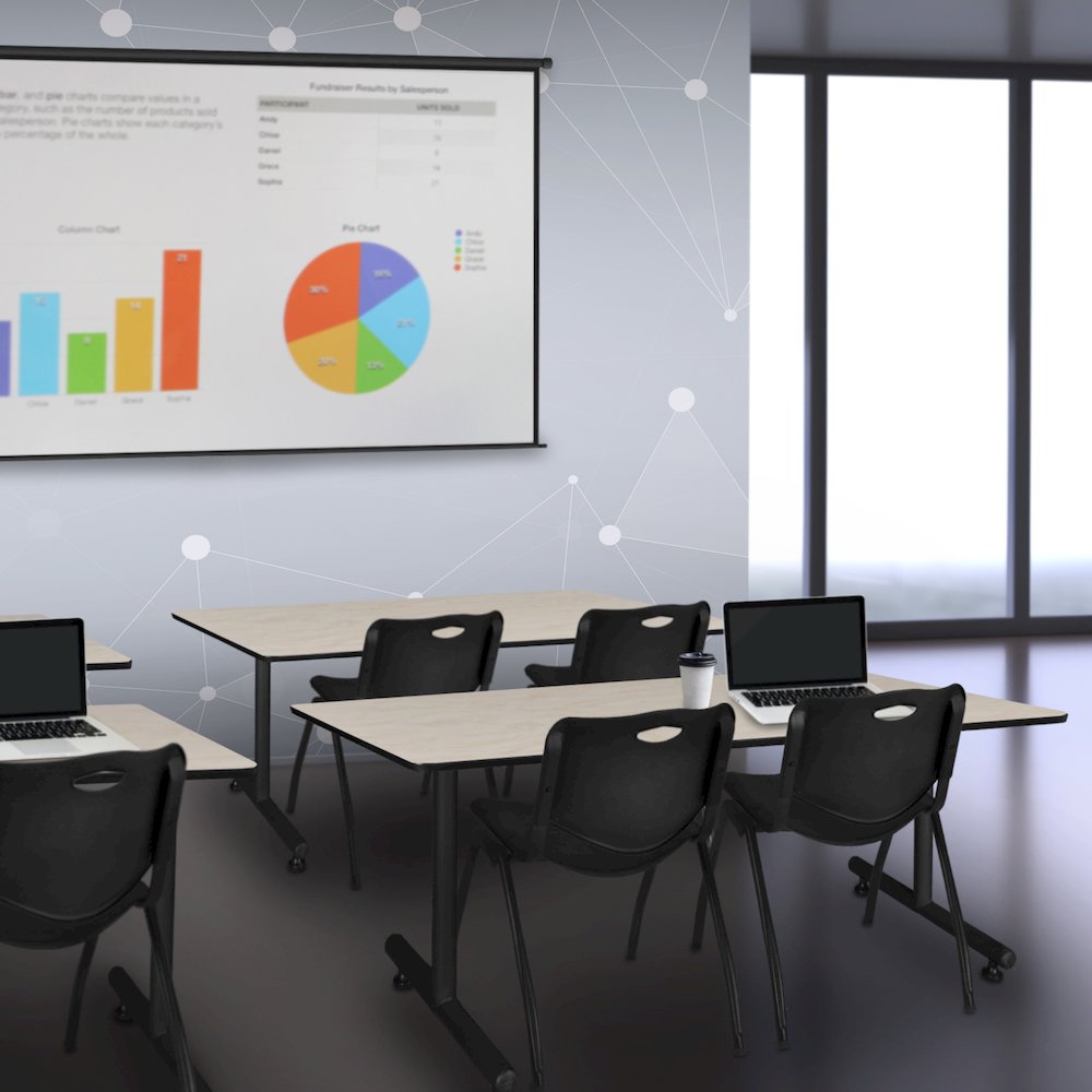 60 x 24 in. T-Base Training Seminar Table- Maple, 2 M Stack Chairs- Black. Picture 8