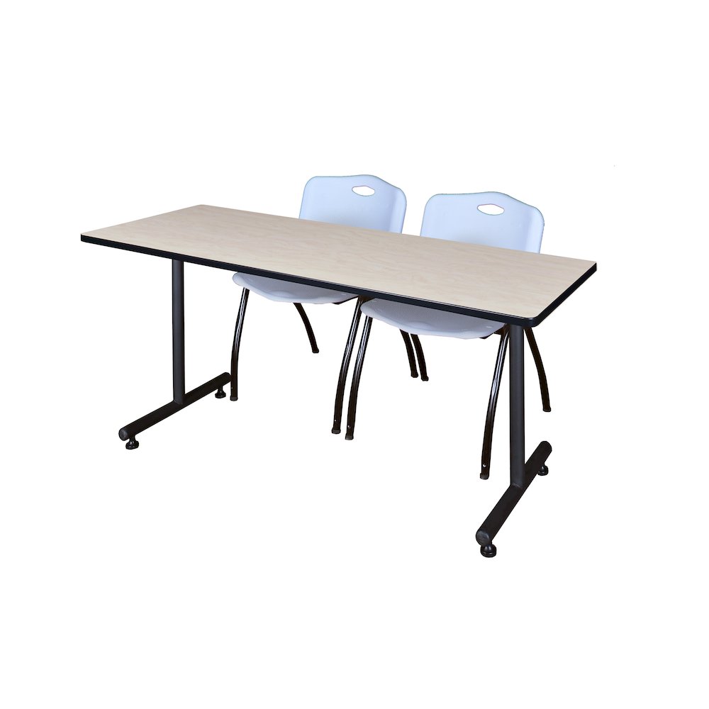 60 x 24 in. T-Base Training Seminar Table- Maple, 2 M Stack Chairs- Grey. Picture 1