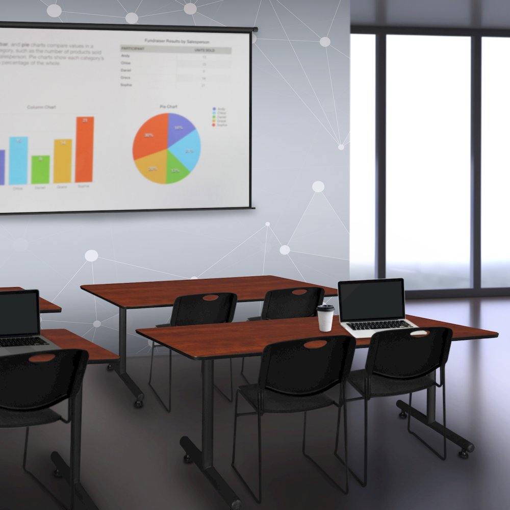 66 x 24 in. T-Base Training Seminar Table- Cherry, 2 Zeng Stack Chairs- Black. Picture 8