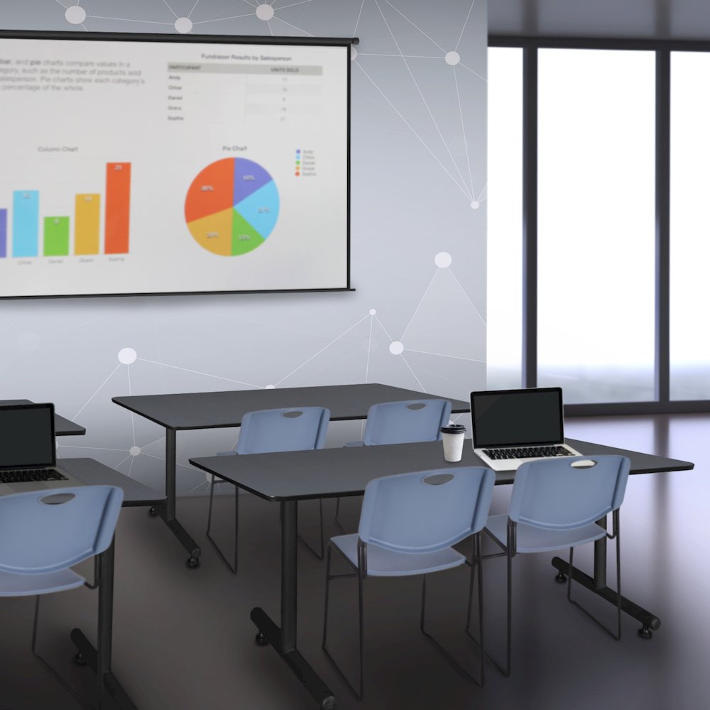 66 x 24 in. T-Base Training Seminar Table- Grey, 2 Zeng Stack Chairs- Blue. Picture 8