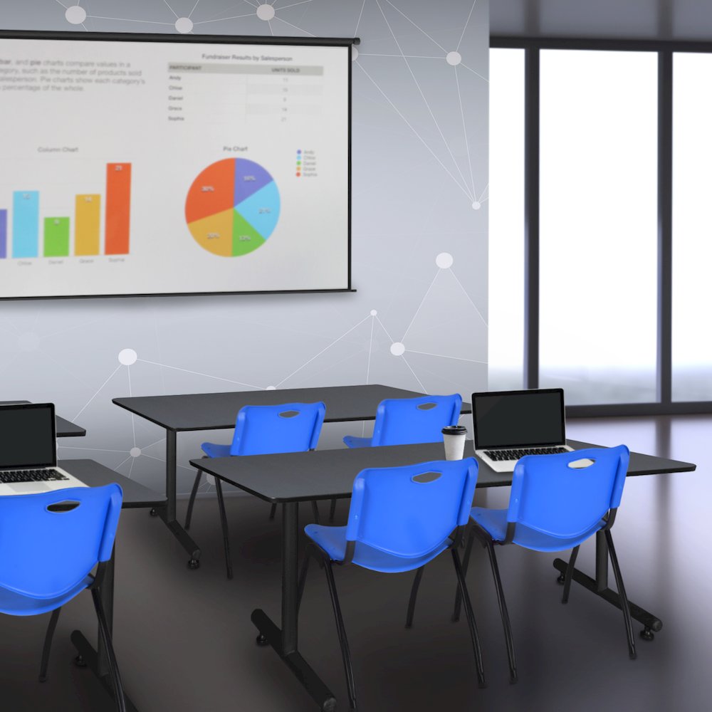 66 x 30 in. T-Base Training Seminar Table- Grey, 2 M Stack Chairs- Blue. Picture 8