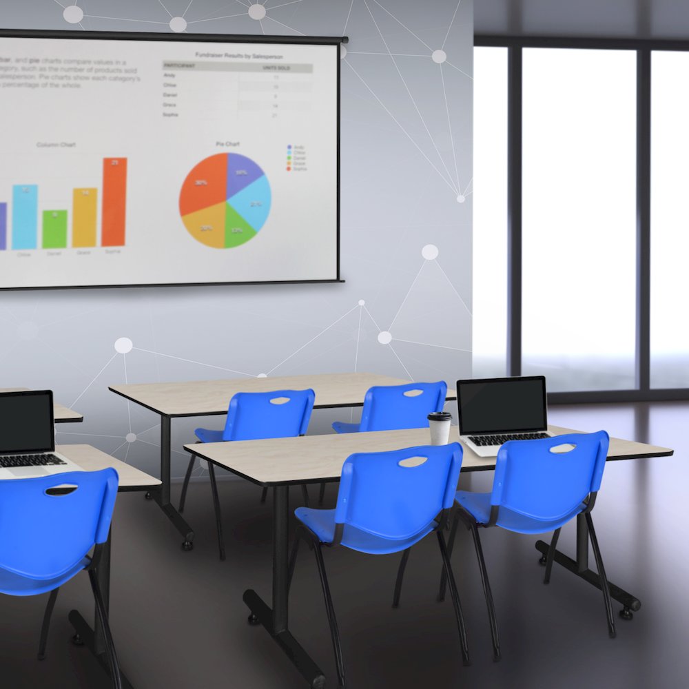 72 x 24 in. T-Base Training Seminar Table- Maple, 2 M Stack Chairs- Blue. Picture 8