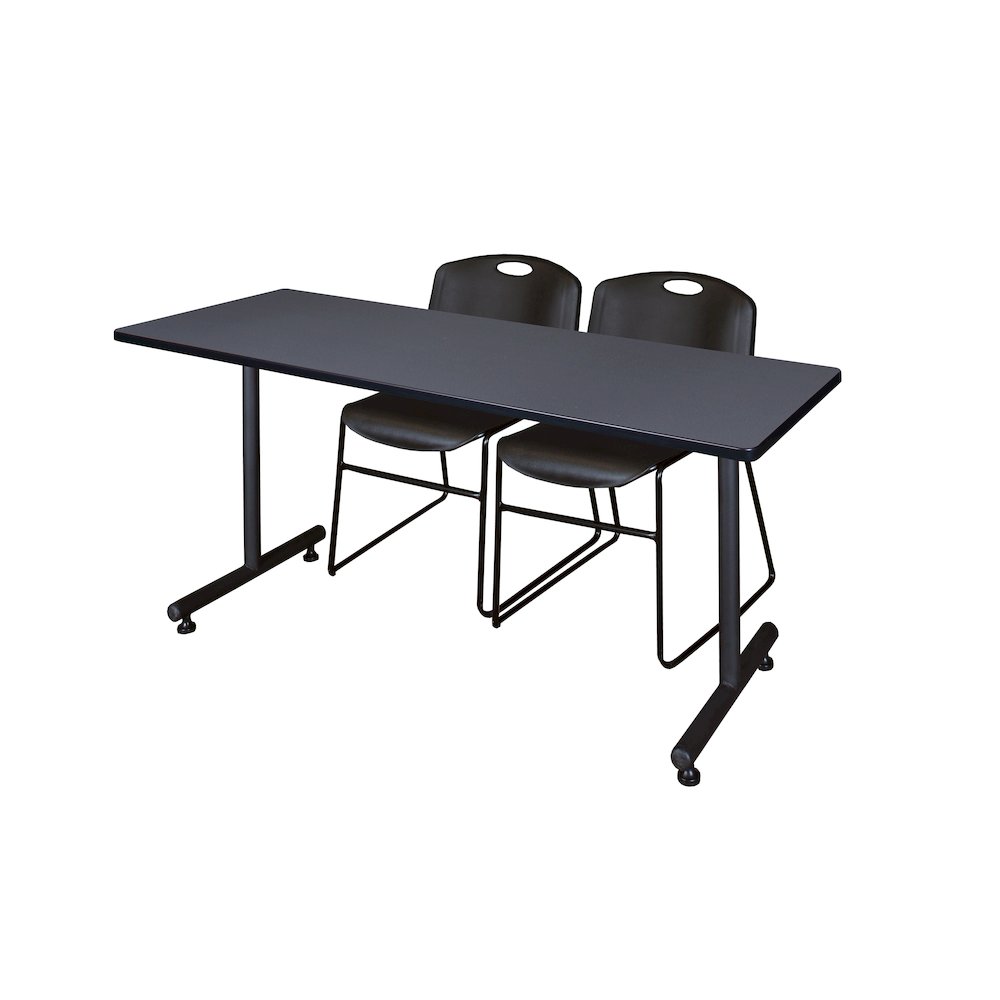 72 x 30 in. T-Base Training Seminar Table- Grey, 2 Zeng Stack Chairs- Black. Picture 1