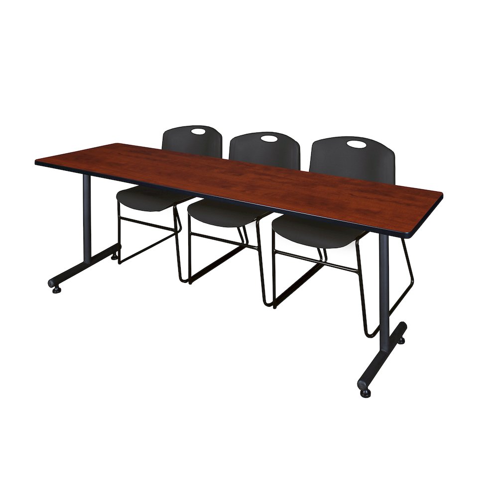 84 x 24 in. T-Base Training Seminar Table- Cherry, 2 Zeng Stack Chairs- Black. Picture 1