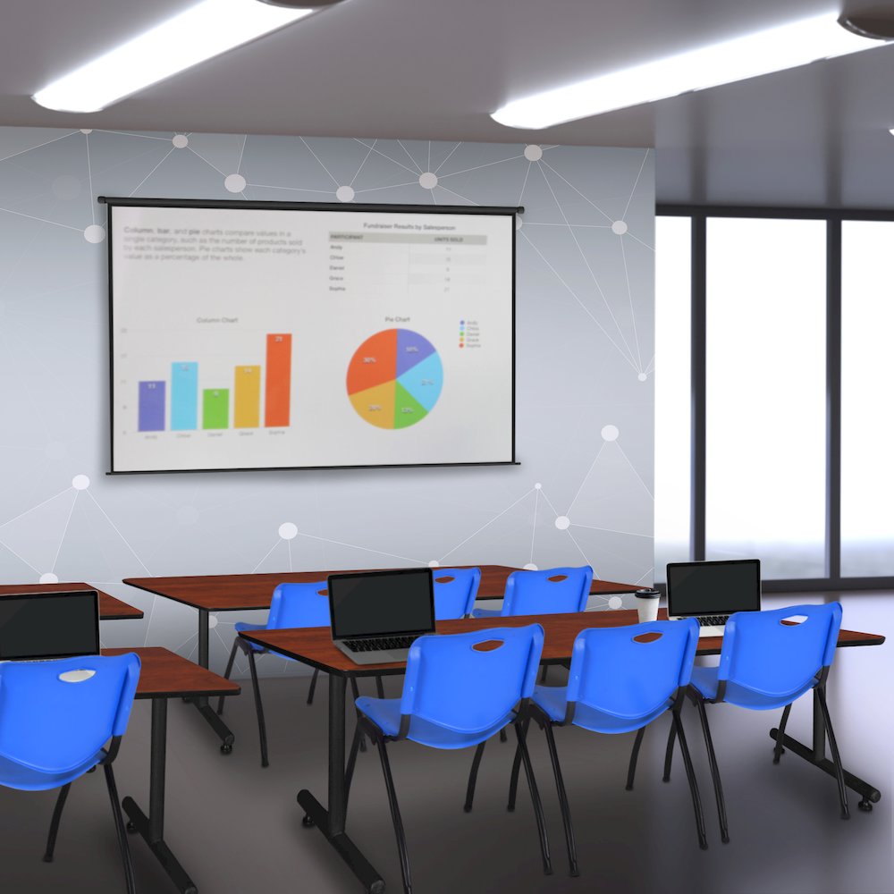 84 x 24 in. T-Base Training Seminar Table- Cherry, 2 M Stack Chairs- Blue. Picture 8