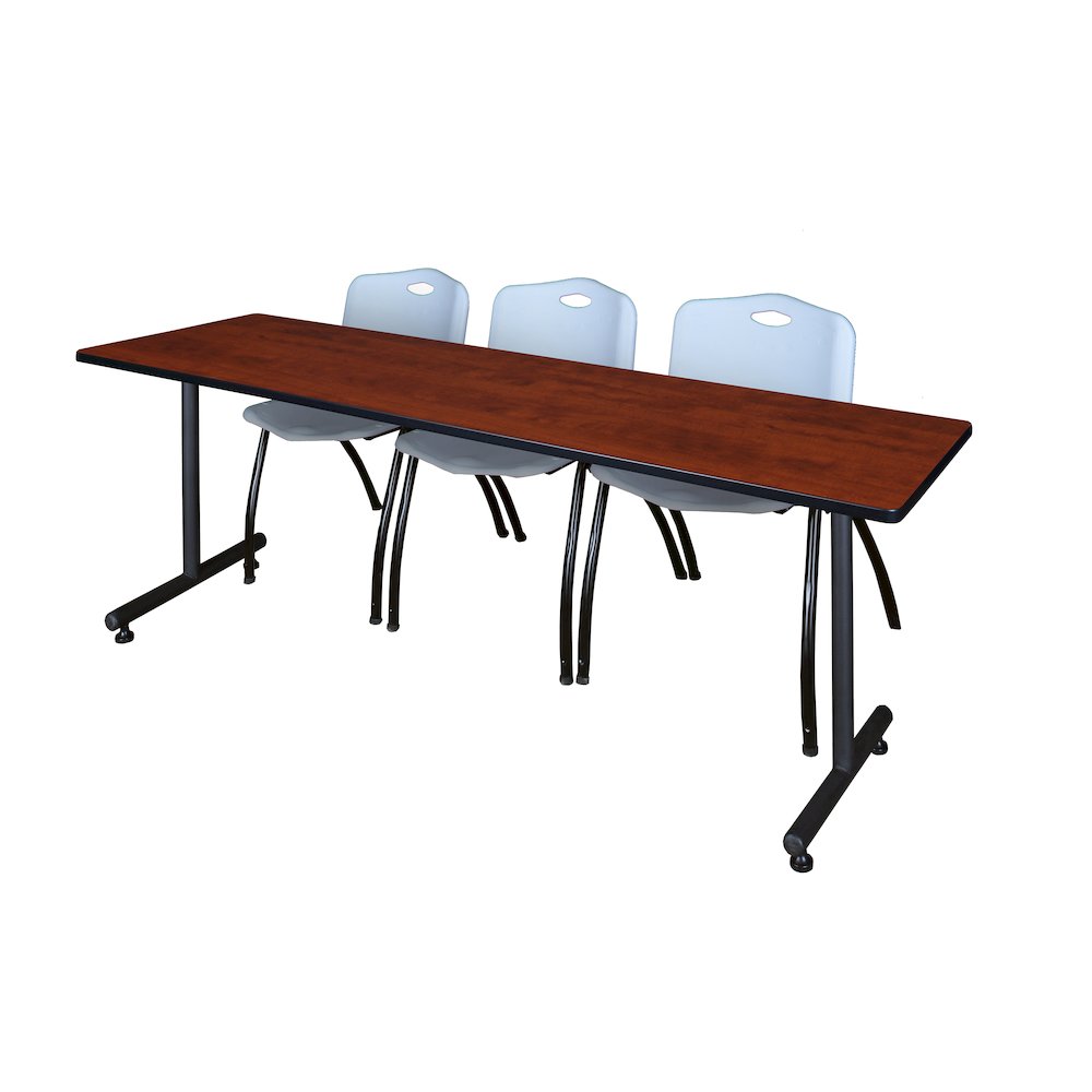 84 x 24 in. T-Base Training Seminar Table- Cherry, 2 M Stack Chairs- Grey. Picture 1