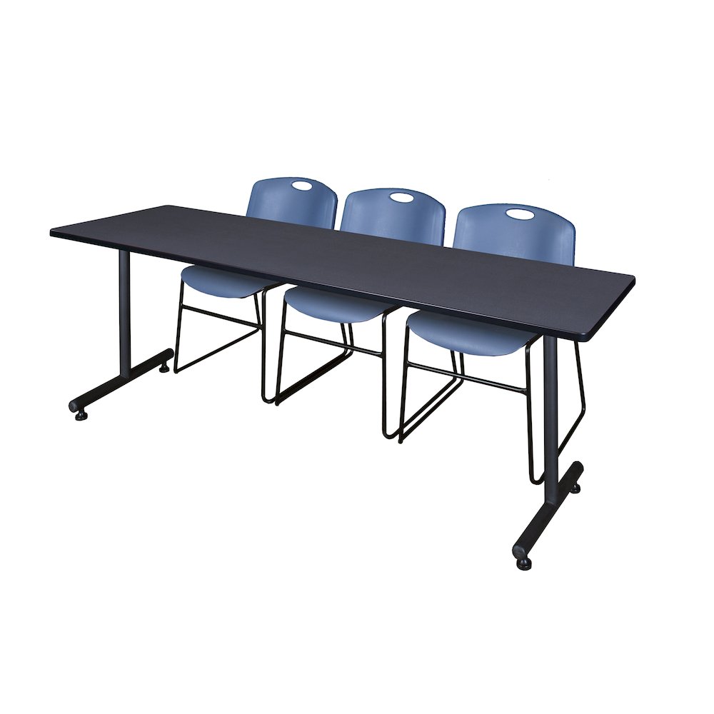 84 x 24 in. T-Base Training Seminar Table- Grey, 2 Zeng Stack Chairs- Blue. Picture 1