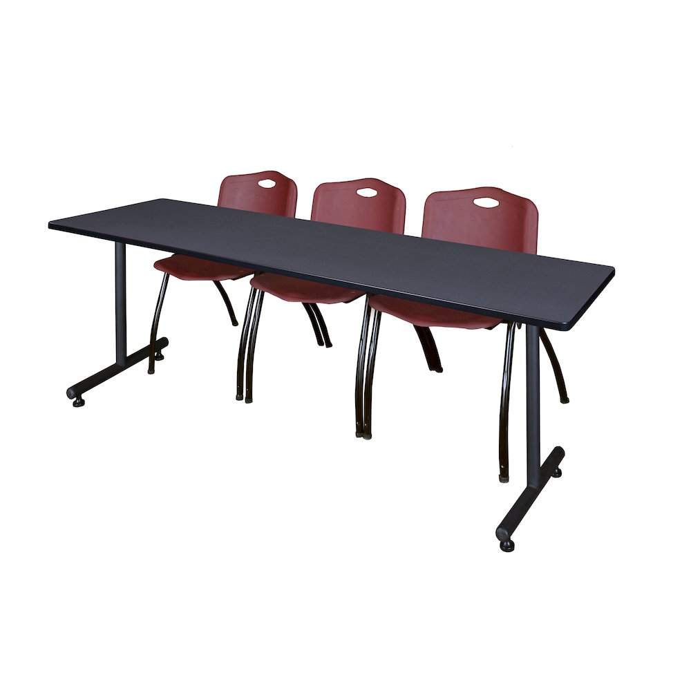 84 x 24 in. T-Base Training Seminar Table- Grey, 2 M Stack Chairs- Burgundy. Picture 1