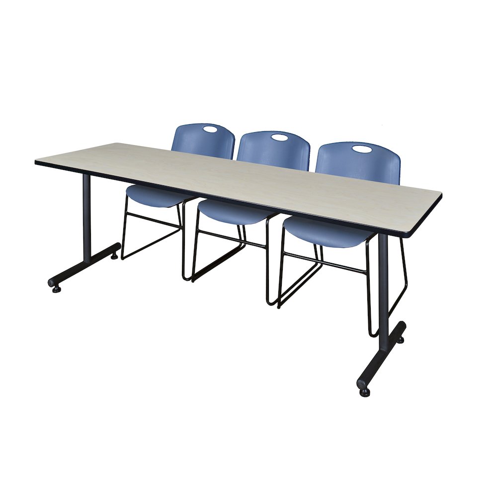 84 x 24 in. T-Base Training Seminar Table- Maple, 2 Zeng Stack Chairs- Blue. Picture 1