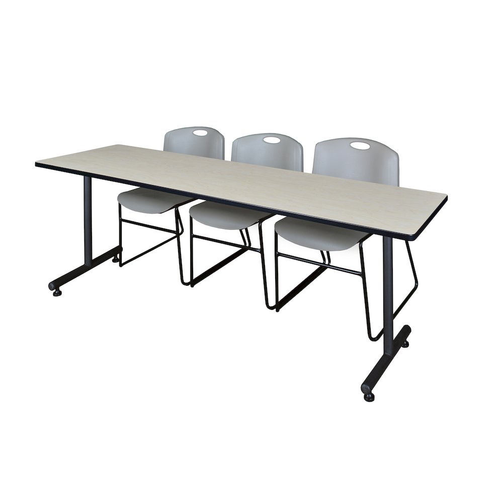 84 x 24 in. T-Base Training Seminar Table- Maple, 2 Zeng Stack Chairs- Grey. Picture 1