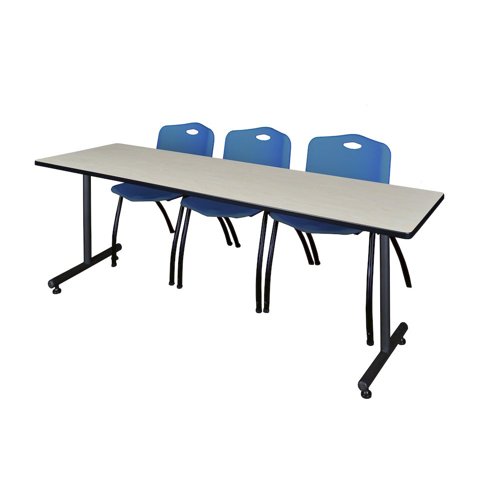 84 x 24 in. T-Base Training Seminar Table- Maple, 2 M Stack Chairs- Blue. Picture 1
