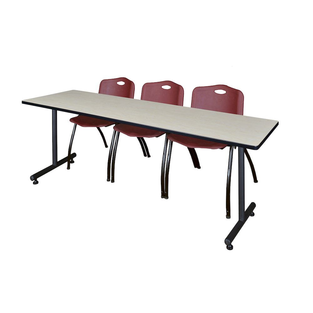 84 x 24 in. T-Base Training Seminar Table- Maple, 2 M Stack Chairs- Burgundy. Picture 1
