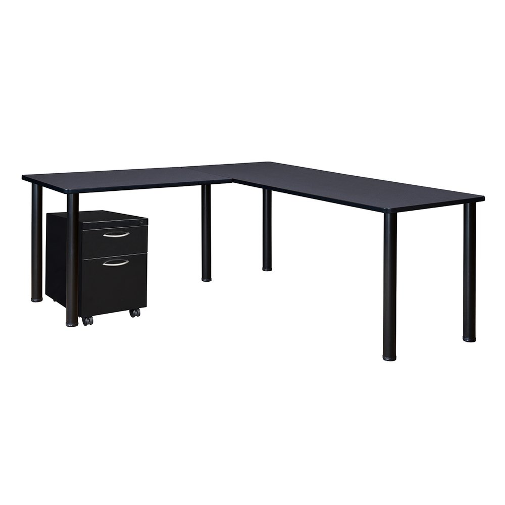 Kee 60" Single Pedestal L-Desk with 42" Return, Grey/Black. Picture 1