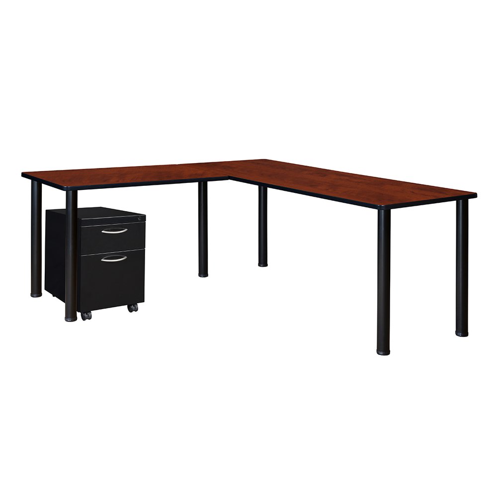 Kee 66" Single Pedestal L-Desk with 42" Return, Cherry/Black. Picture 1