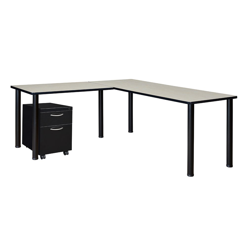 Kee 66" Single Pedestal L-Desk with 42" Return, Maple/Black. Picture 1