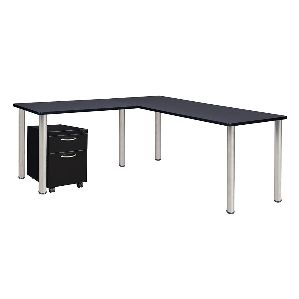 Kee 72" Single Pedestal L-Desk with 42" Return, Grey/Chrome. Picture 1