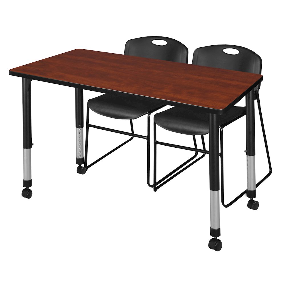 48x24 in. Mobile Adjustable Classroom Table- Cherry & 2 Zeng Stack Chairs- Black. Picture 1