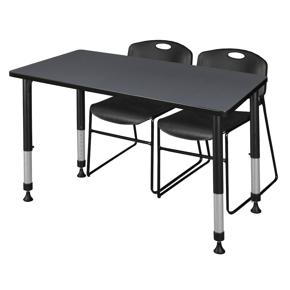 48 x 24 in. Adjustable Classroom Table- Grey & 2 Zeng Stack Chairs- Black. Picture 1