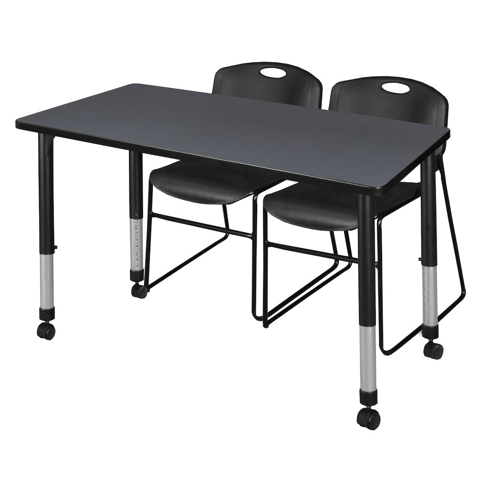 48 x 24 in. Mobile Adjustable Classroom Table- Grey & 2 Zeng Stack Chairs- Black. Picture 1