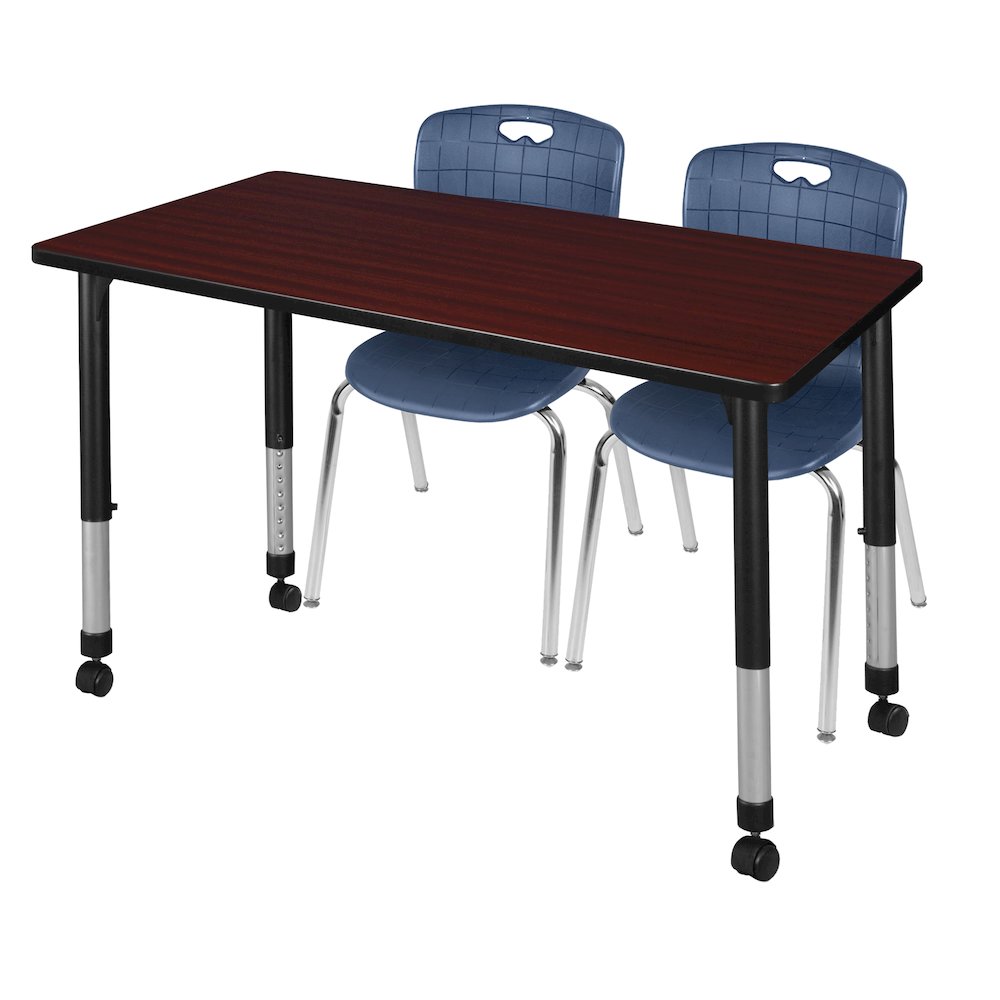 48x30 Mobile Adjustable Classroom Table- Mahogany & 2 Andy 18 Stack Chairs- Blue. Picture 1