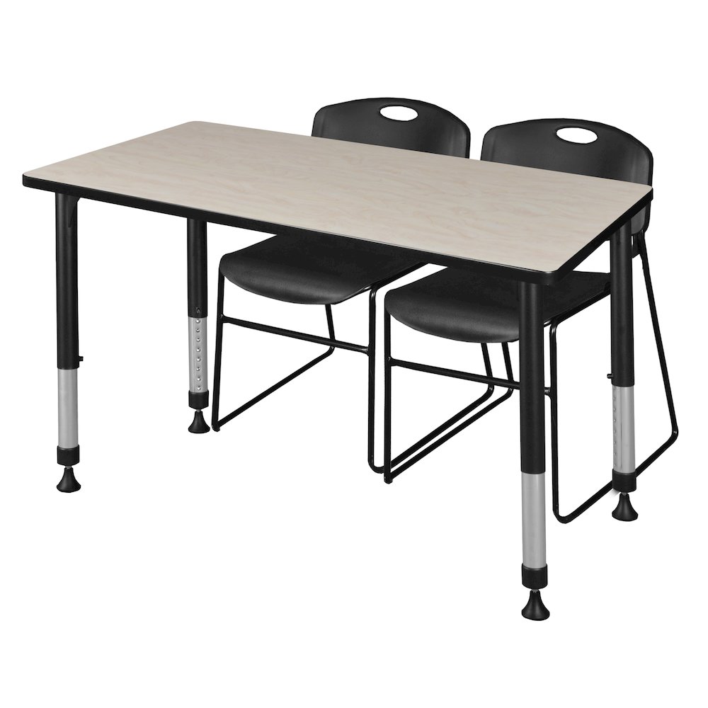 48 x 30 in. Adjustable Classroom Table- Maple & 2 Zeng Stack Chairs- Black. Picture 1
