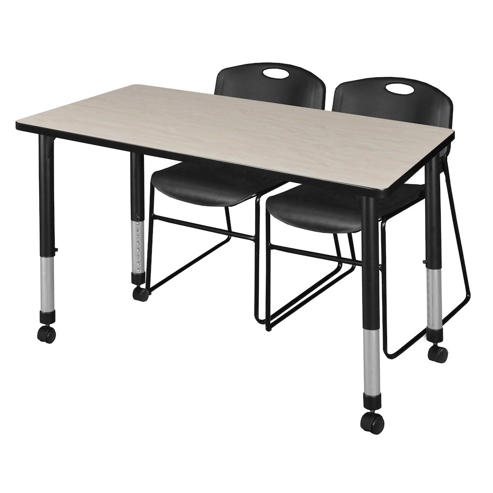 48x30 in. Mobile Adjustable Classroom Table- Maple & 2 Zeng Stack Chairs- Black. Picture 1