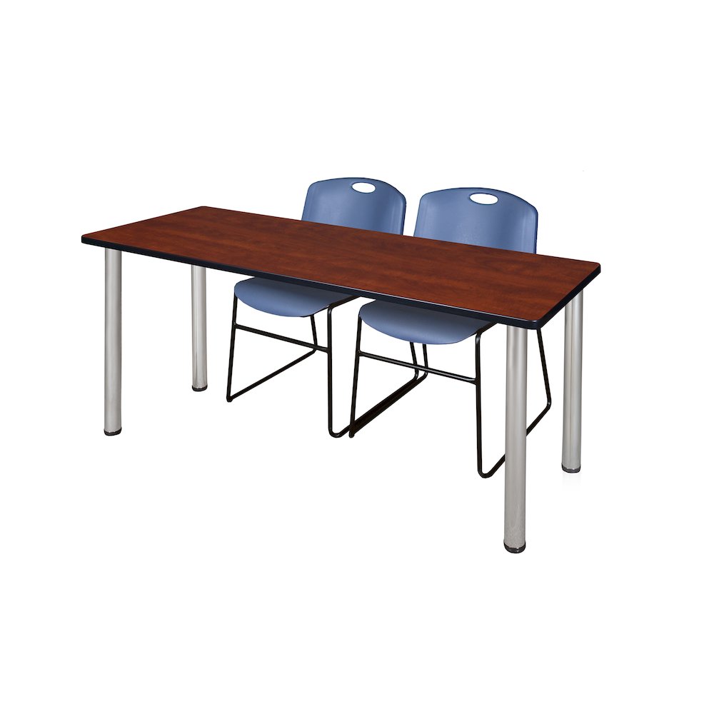 60 x 24 in. Training Table- Cherry Top, Chrome Legs & 2 Zeng Chairs- Blue. Picture 1