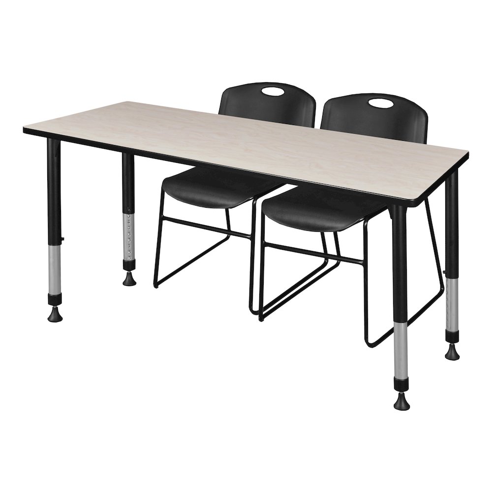 60 x 24 in. Adjustable Classroom Table- Maple & 2 Zeng Stack Chairs- Black. Picture 1