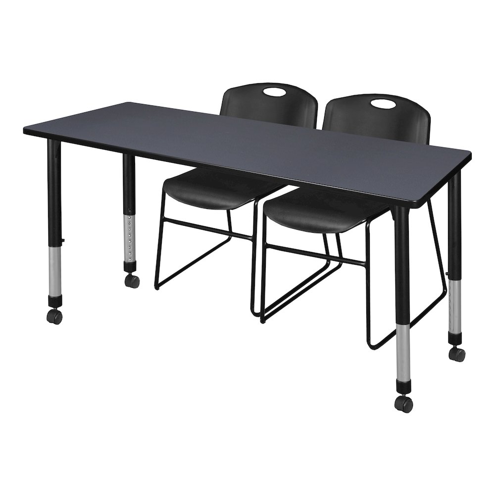 60 x 30 in. Mobile Adjustable Classroom Table- Grey & 2 Zeng Stack Chairs- Black. Picture 1