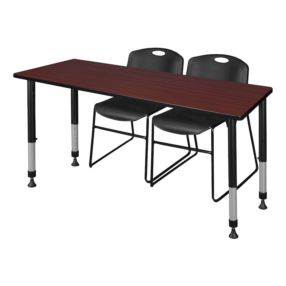 60 x 30 in. Adjustable Classroom Table- Mahogany & 2 Zeng Stack Chairs- Black. Picture 1