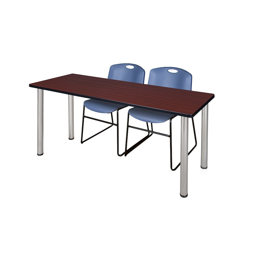 72 x 24 in. Training Table- Mahogany Top, Chrome Legs & 2 Zeng Chairs- Blue. Picture 1