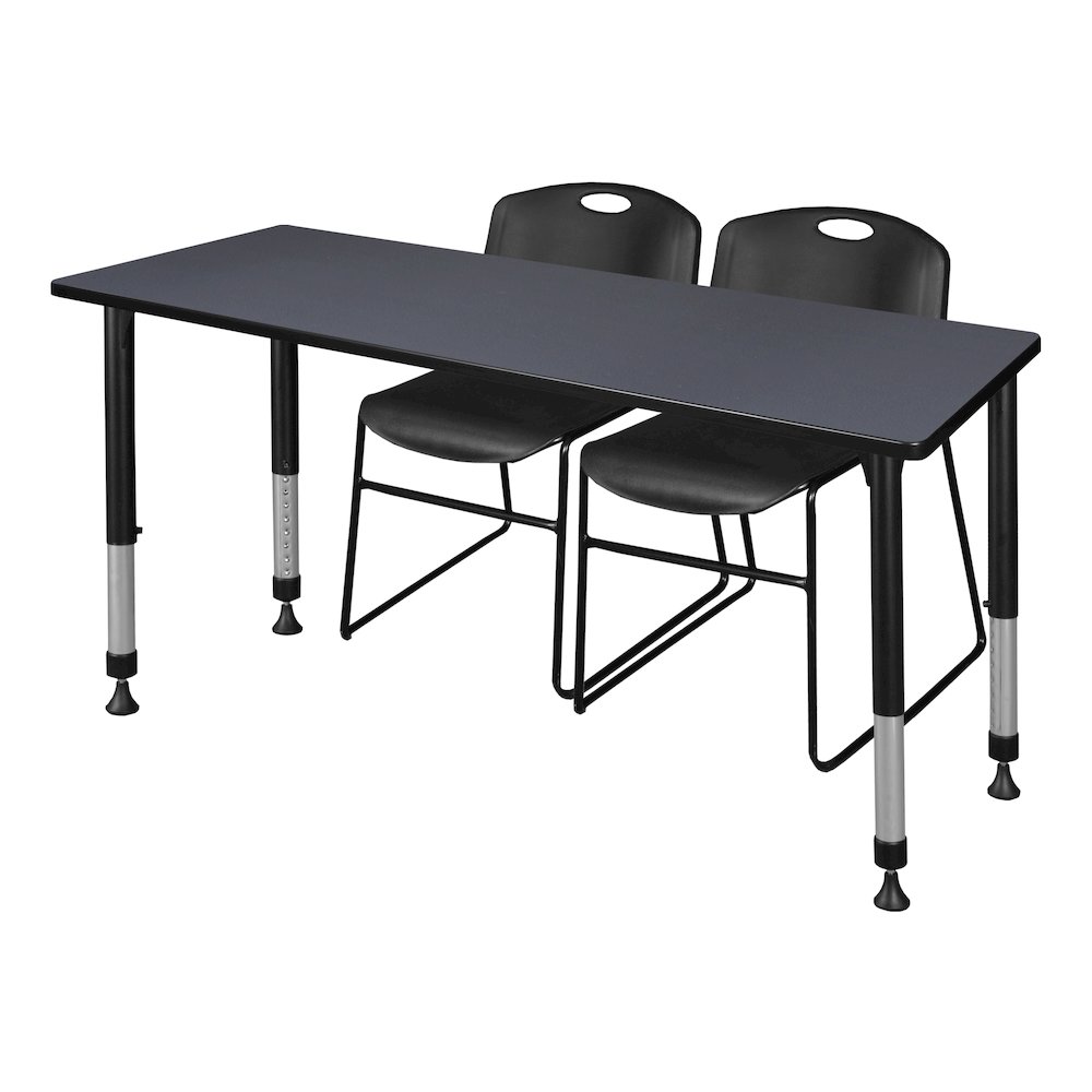 72 x 30 in. Adjustable Classroom Table- Grey & 2 Zeng Stack Chairs- Black. Picture 1