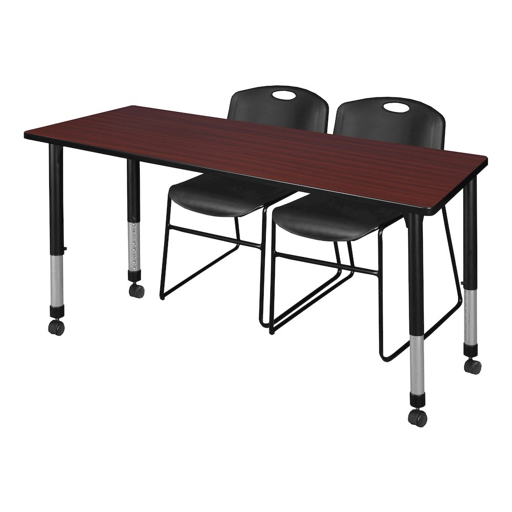72x30 Mobile Adjustable Classroom Table- Mahogany & 2 Zeng Stack Chairs- Black. Picture 1