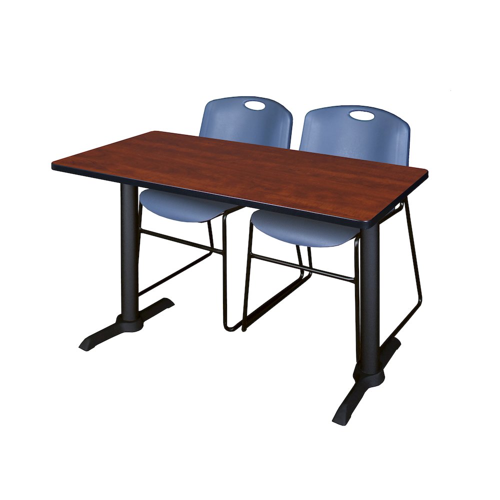 48 x 24 in. T-Base Training Seminar Table- Cherry & 2 Zeng Stack Chairs- Blue. Picture 1